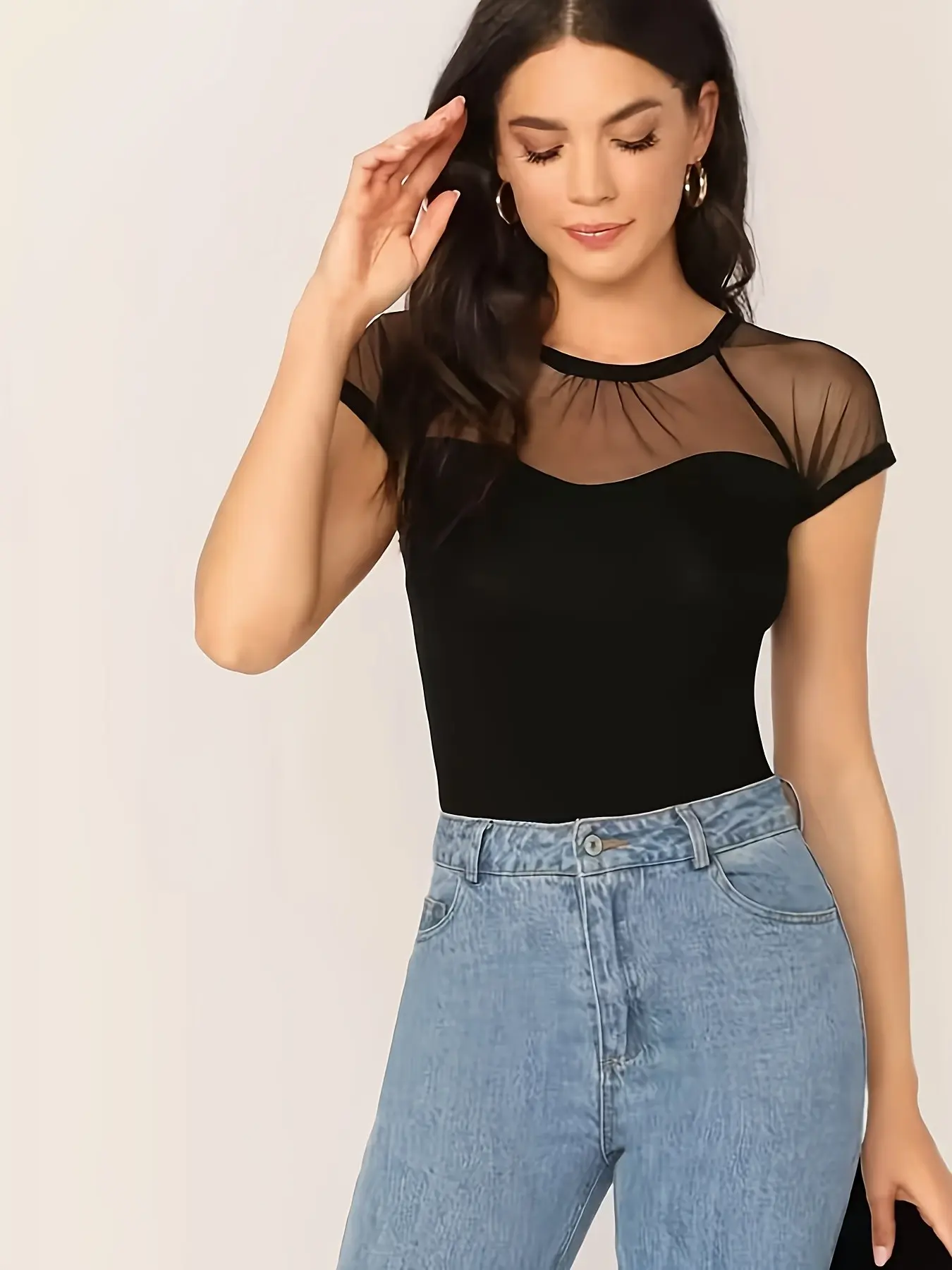 Elegant Women's Mesh Patchwork Round Neck Fitted Top Blouses, Stylish Casual Everyday Wear, Perfect for Daily, Comfortable and Trendy