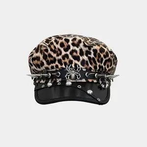 Punk Leopard Print Studded Faux Leather Buckle Hot Cap for Women Daily Commute Fashion Accessory with Bold Design