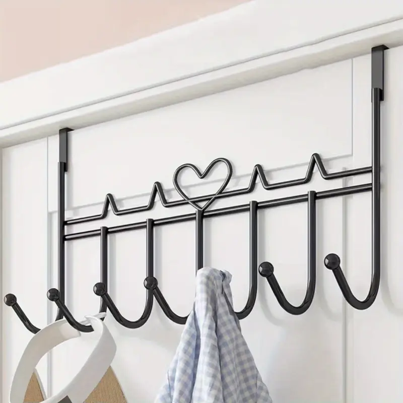 7 Hook Heart Door Storage Shelf with Sturdy Painted Finish, Iron Wall-Mounted Organizer for Towels, Clothes, Hats and Bags Storage Hooks, Metal organiser hook, Rustproof Sturdy Hooks, Home Organizer Hook