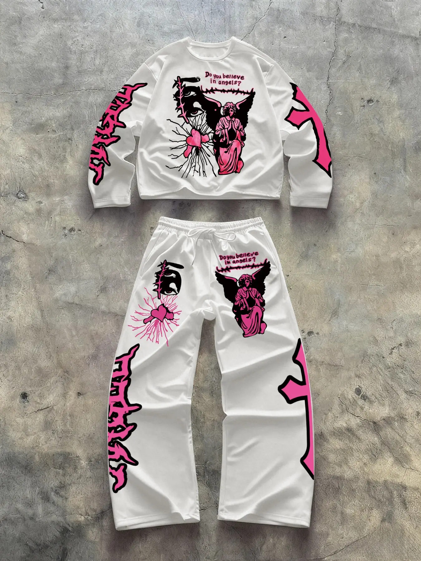 Men's Angel Print Two-Piece Sportswear Set, Casual Athletic Sportswear, Y2K Gothic Aesthetic, Street Style, Loose Fit, Casual Spring & Fall Wear, Sweatsuit Outfits, Casual Sweatsuits