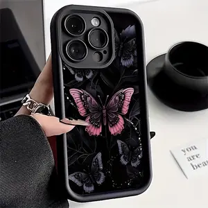 Butterfly Pattern Case for IPhone 16 15 14 Pro Max 13 12 11 XR XS Plus Shockproof Full Camera Protection Durable Slim Silicone Cover Gifts for Women Men Girls Boys Screen Protector Cellphone Protective Smartphone Casing Black