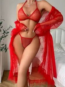 Lovingerie 3 Pieces Polka Dot Mesh Lingerie Robe Set For Women, Lingerie Sets, Sheer Tulle Kimono Robe With Satin Belt, Halter Triangle Cup Bra And Tie Side Thong Panty, Bridal Sleepwear In Red And White Colors, Curves Flattering Boudoir Outfit