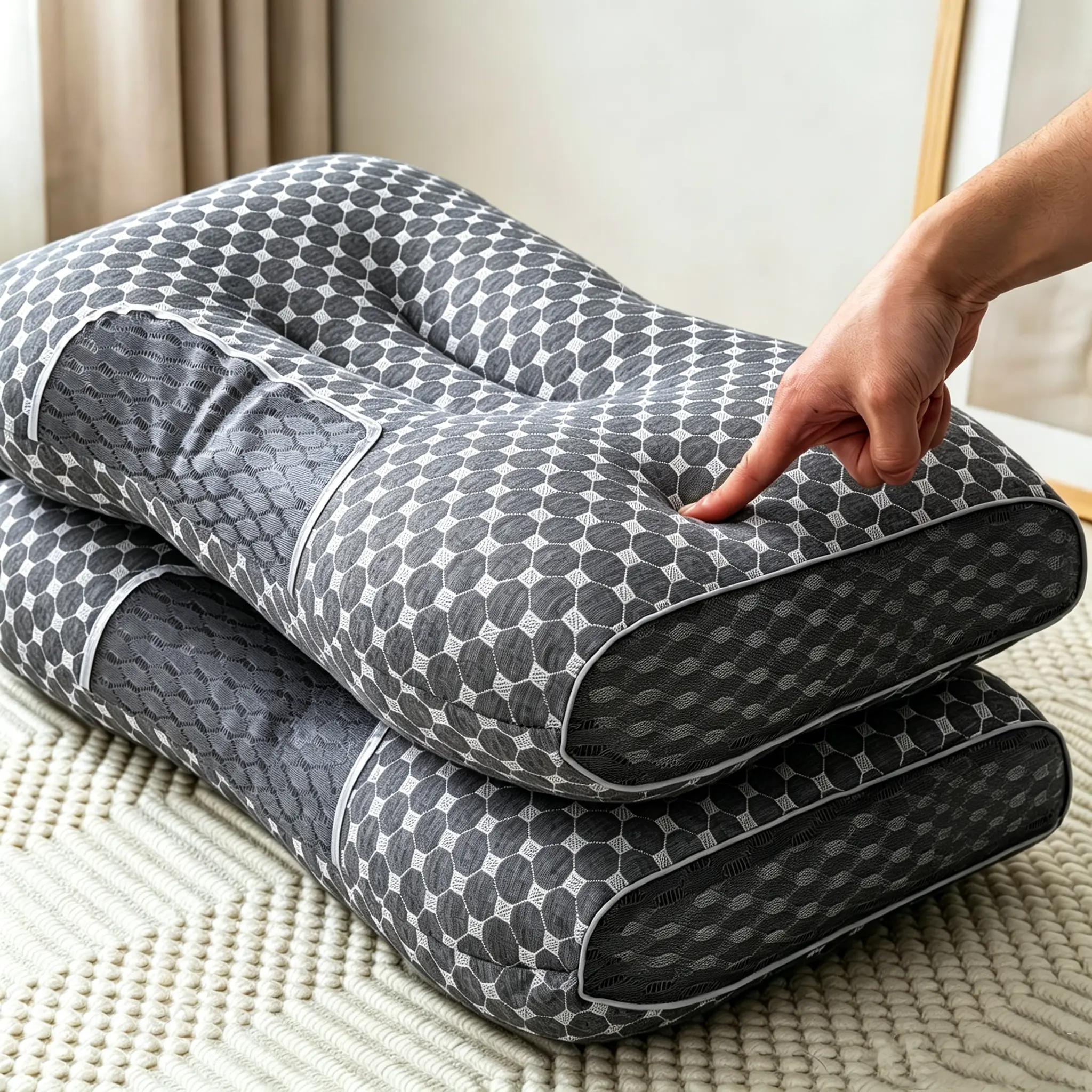 1-2 piece massage neck pillow. Adjustable ergonomic orthopedic contour support. High-quality pillow core with detachable zipper pillow cover. Suitable for all seasons. Comfortable sleep. Neck and shoulder massager. Modern pillow design. Breathable fabric.