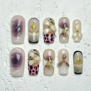 Moonovate | CROCUS VERNUS LACE 10pcs Handmade Press On Nails Square Nails REUSABLE 3D Gel Fake Nails Acrylic Press On Nails											