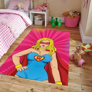 Pop Art Super Women,Rug,Area Rug,Non Slip Floor Carpet,Teen'S Carpet ,Room Decor Halloween Gift For Family, Cute Gift Non-Slip Floor Carpet, Decoration Mat for home Living Room Bedroom, Room Decor, Home Decor