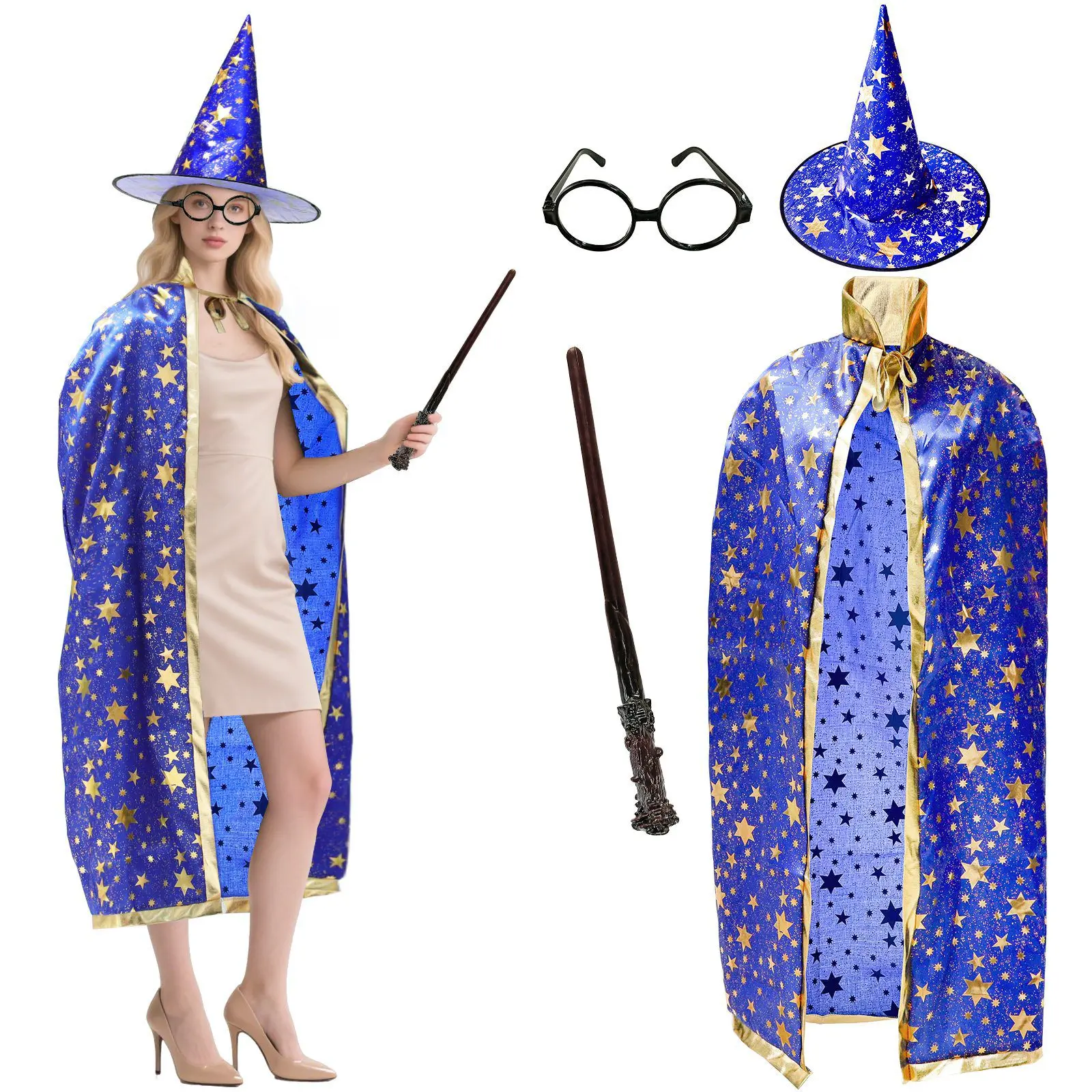 4 Pack Halloween Wizard Costume Set for Adults, Include Witch Cloak, Wizard Hat, Wand and Round Glasses for Men Women, Ideal for Parties & Photos
