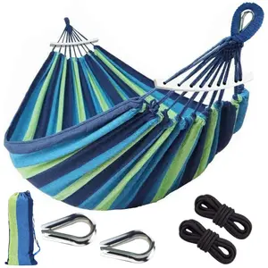 Outdoor Striped Canvas Hammock, Single & Double Person Anti-Rollover Curved Stick Hammock, Portable Cotton Poly Camping Swing for Wilderness Hiking Backyard