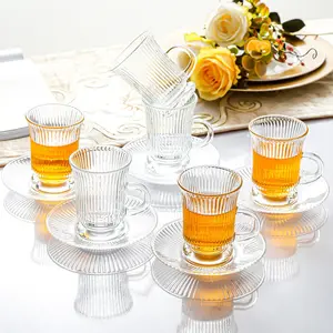 Glass Coffee Mugs Set of 6,5.2Oz Clear Espresso Mugs, Glass Diner Cups with Handle Diner Latte Cup with Footed Base for Hot Beverages,Cappuccino Cups, Coffee Cup Saucer, Stylish Drinkware