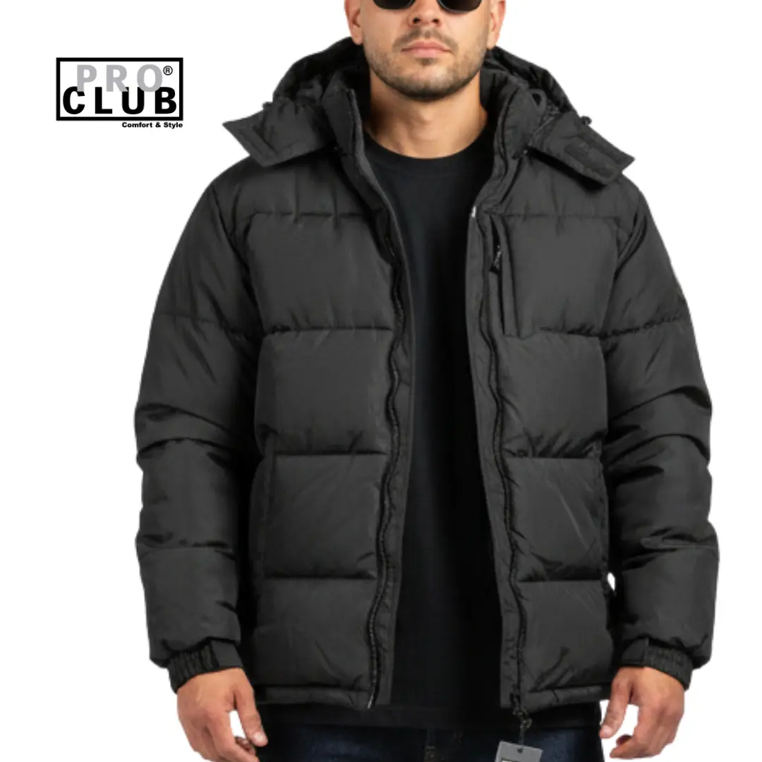 Pro Club Men's Long Sleeve Bubble Down Coat - Water-Resistant, Adjustable Waist & Hood, Bubble-Style Stitching, 100% Polyester, Relaxed Fit, Small Menswear Tops for Winter Casual Jacket