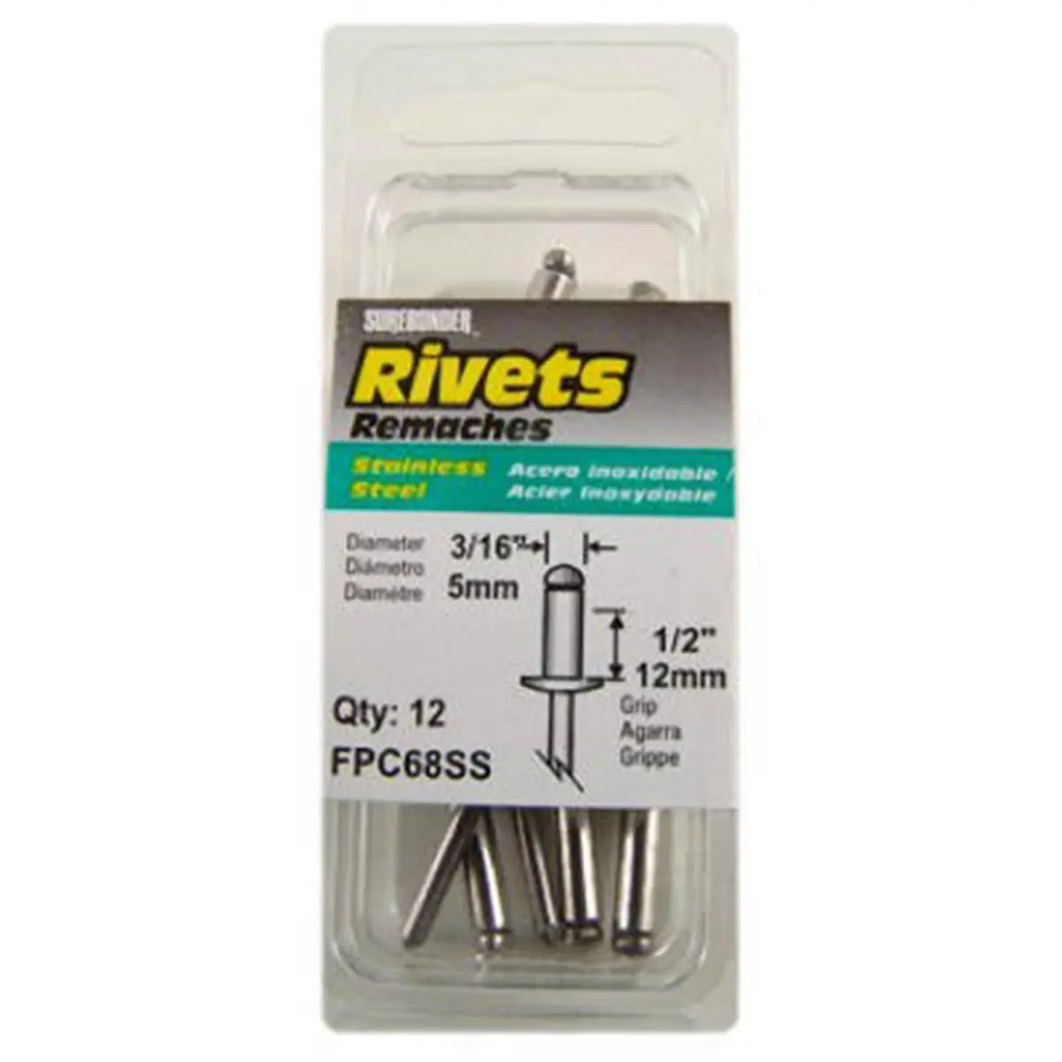 Surebonder Long All-Stainless Steel Fasteners, 0.376-0.500 in Grip Range for Secure Connections, 12-Pack, Rivets, Sailing, Water Sports, Secure Joints, Grip 0.376–0.5", 3/16 In. Diameter