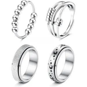 CASSIECA Stainless Steel Rotating Openwork Fidget Ring, Anxiety Relief Fidget Item, Moon Star Stacking Ring Set, Business Casual Stress-Relieving Spinner Band Summervibes