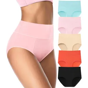 High Waisted Cotton Underwear for Women Plus Size Slight Tummy Control Full Coverage Panties Briefs Ladies Pack