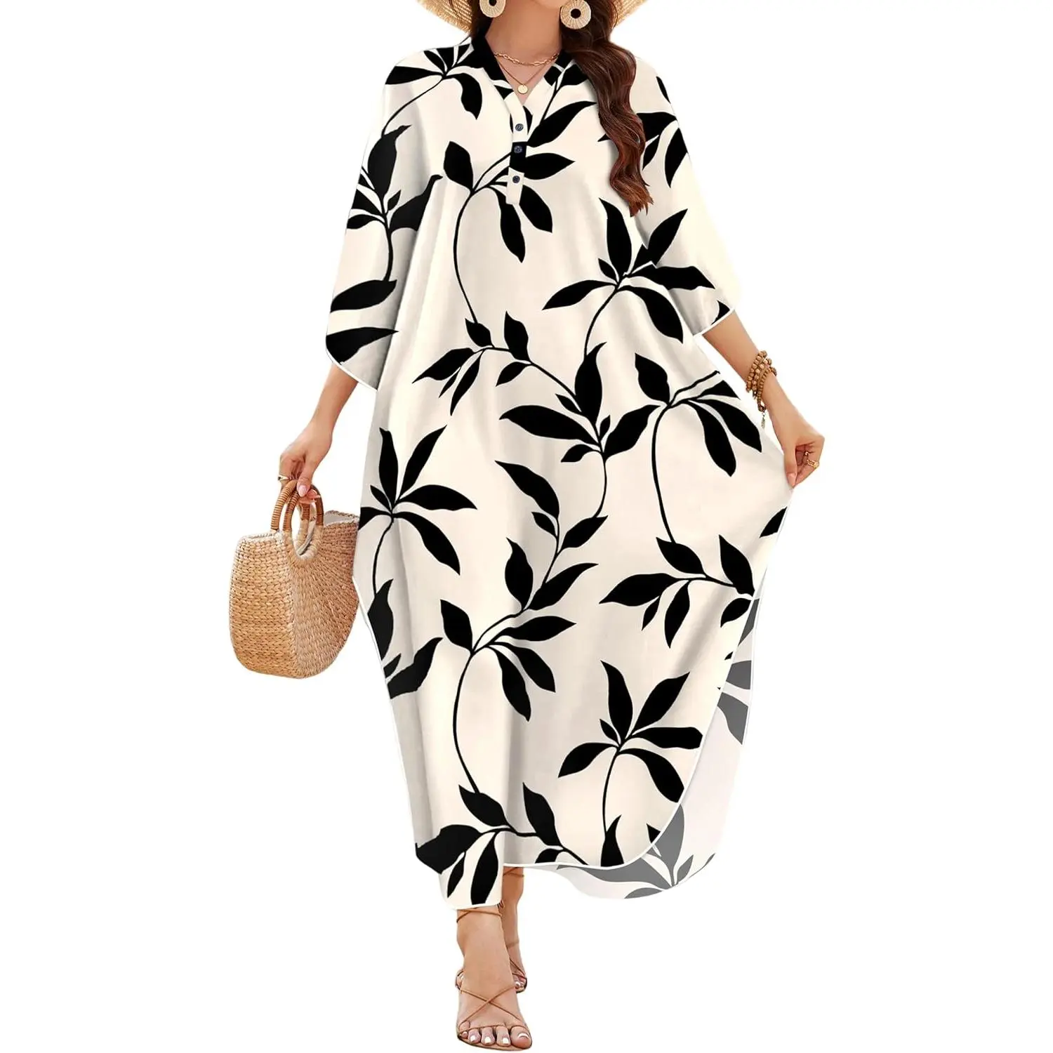 Women's Boho Kaftan Dress - Floral Red and Yellow Rose Flower Print V-Neck Maxi Gown, Casual Hawaii Beach Swimsuit Cover-Up with Black Leaf, Colorful Palm Leaves, Bohemian Butterfly Accent
