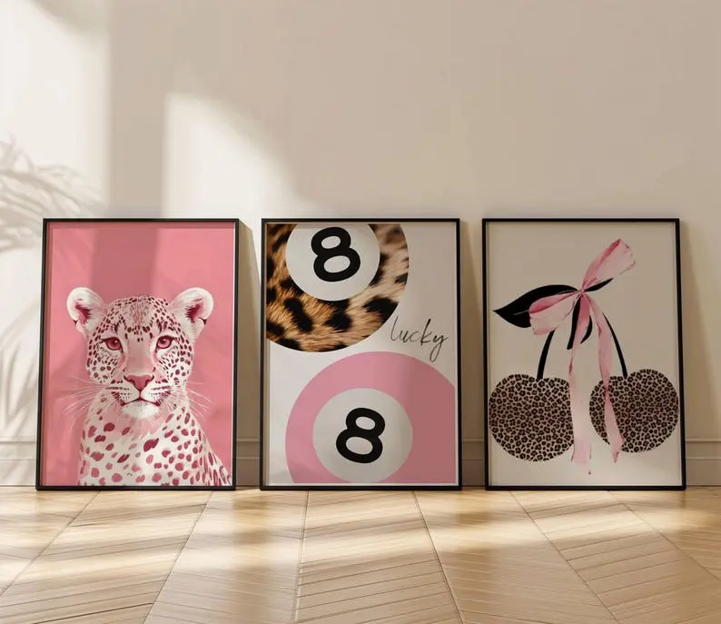Set of 3 Pink Girly Preppy Leopard Print 8 Balls Lucky Posters Cherry Leopard Bow Chic Home Decor Prints