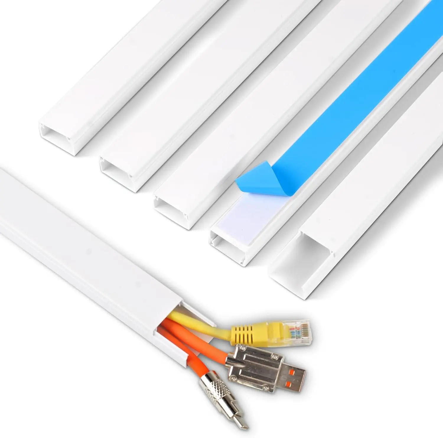 White Self-Adhesive Wall Cord Hider, 85.2in TV Wire Management Channel Set (6 Pieces of 14.2in x 0.94in x 0.55in) for Electrical Wire Organization
