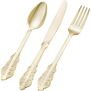 75pcs Gold Disposable Silverware Set Complete Cutlery for 25 Guests Weddings Parties Elegant Gold Finish Forks Spoons Knives Durable Easy to Clean Up
