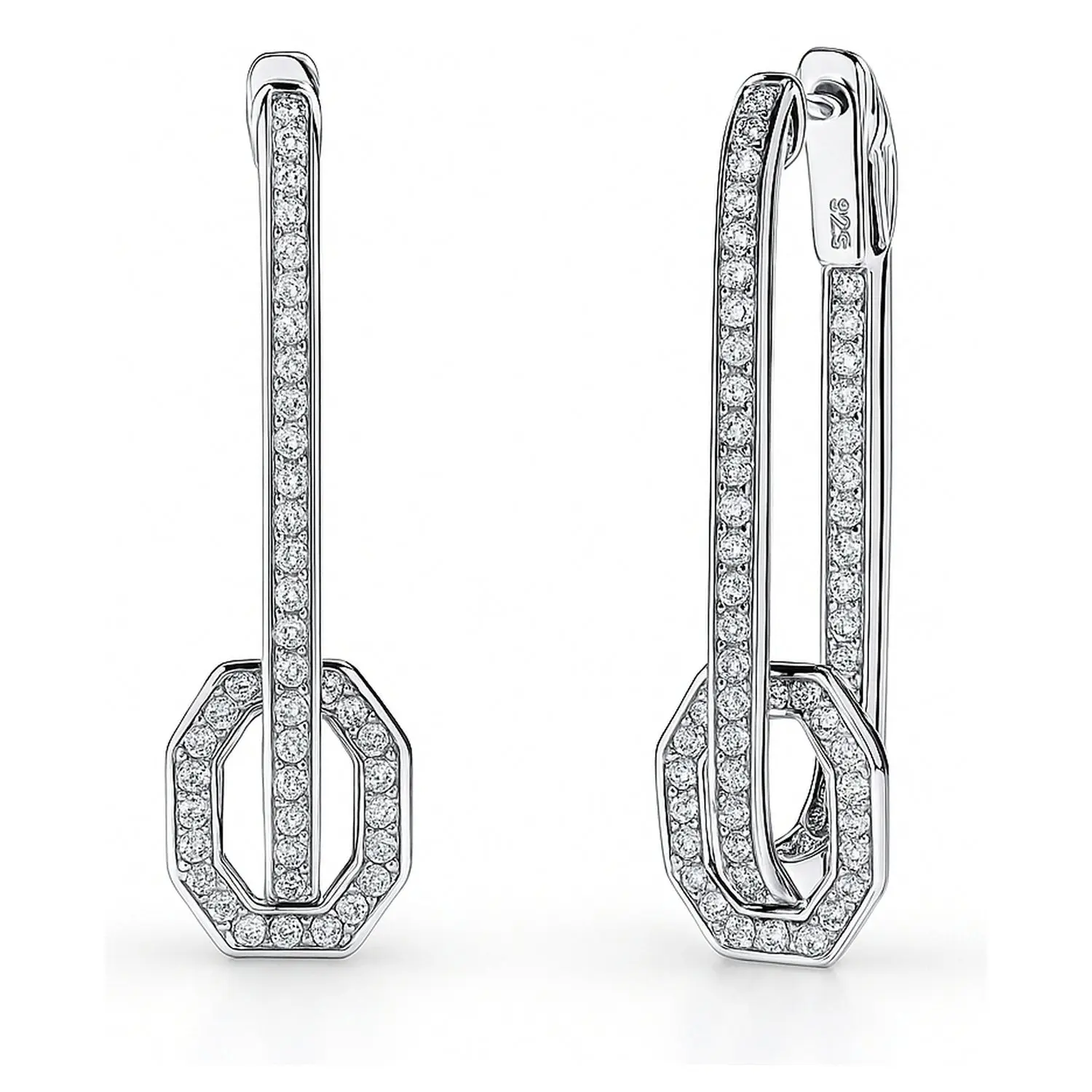 BERRICLE Sterling Silver Rectangle Art Deco Interlocking Inside-Out Hoop Earrings for Women, Cubic Zirconia CZ 1.3 inch