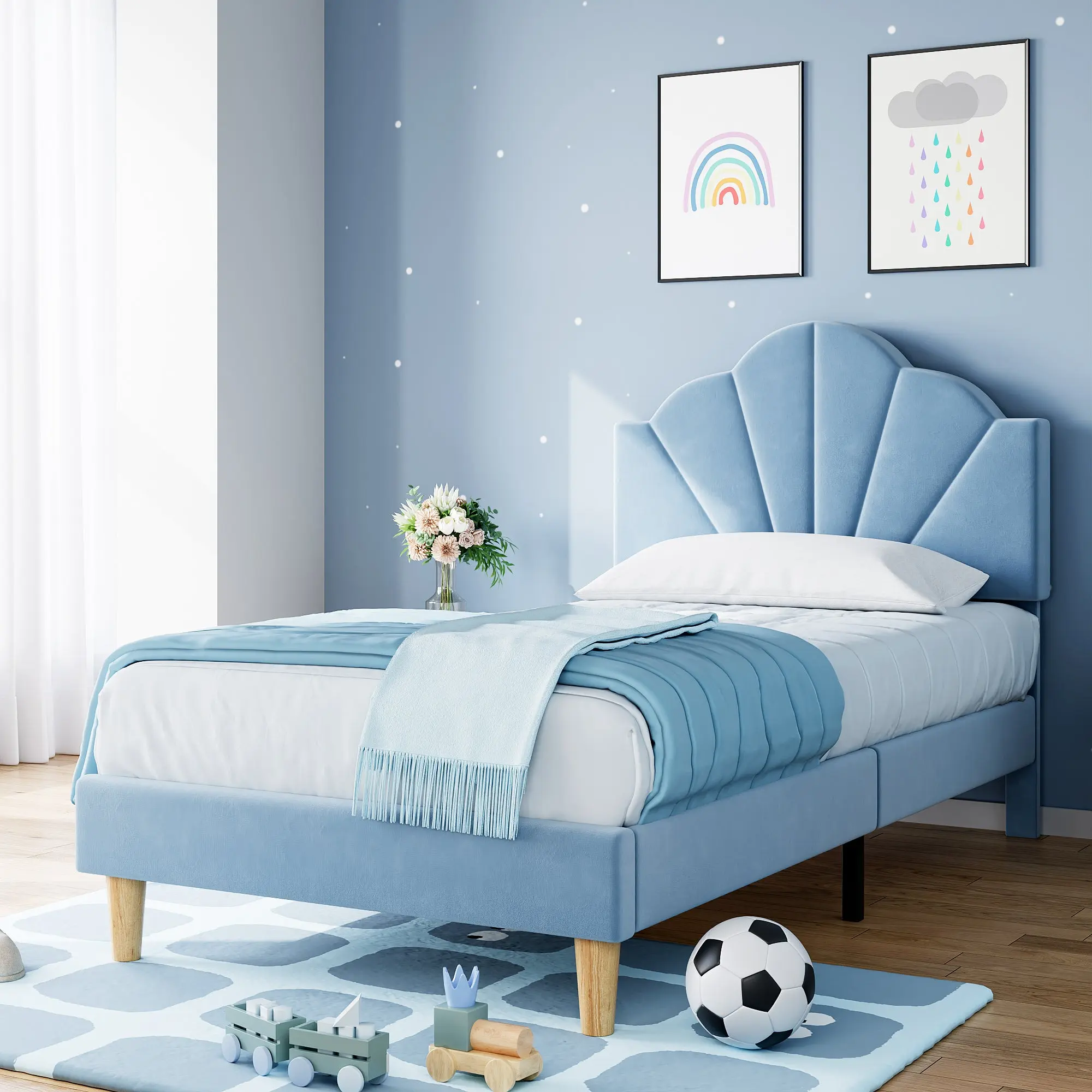 【GARVEE】Twin Platform Bed Frame with Velvet Upholstery, Height Adjustable Headboard, Strong Wood Slat Support, Solid and Stable Construction, Easy to Assemble, Available in Blue and Pink