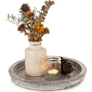 Wooden Decorative Tray Candle Holder:  Round Wood Tray Home Decor, Whitewash Rustic Trays for Farmhouse Dinning TableKitchen Countertop Coffee Table Lightweight Ornaments