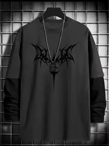 Gothic Geometric Text Print Loose Fit Long Sleeve Round Neck T-Shirt, Casual Fashion Tee, Fashion Street Style Streetwear Casual Top, Comfortable Trendy Gift
