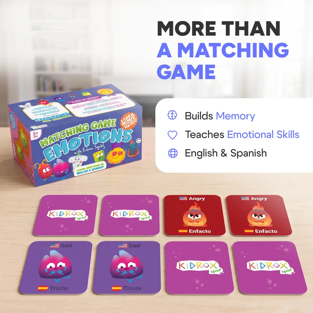 Kidrox Emotions Matching Game – Bilingual Memory Card Game in English & Spanish for Kids Ages 3+ | Learn & Mimic Emotions with Kidrox Squad | Premium Magnetic Box | 40 Tiles