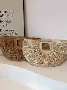 2026 New Bohemian Style Woven Bag, Ethnic Handbag, Simple Versatile Half Round Beach Vacation Knit Bag