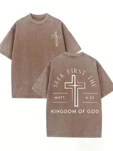 Men's 230g Washed Pure Cotton T-Shirt - Streetwear Casual Menswear Short-Sleeve Top, Classic Retro High Street Cross & Popular Letter Print, Distressed High-Quality Boutique Summer Tee