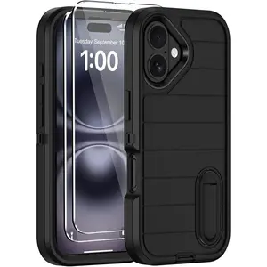for iPhone 16 Plus Case with Screen Protector,Built-in Invisible Kickstand,Heavy Duty Shockproof Drop Protection Military Grade Tri-Layer Rugged Durable Cell Phone Cover for Apple 16 Plus 6.7" (Black