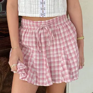 Nectar Original Gingham Short Skort - 100% Cotton Bottom with Front Tie Detail, Elastic Waist, and Shorts Underneath