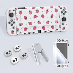 Strawberry Pattern Game Console Protective Cover with Tempered Film & V-shaped Grip & Rocker Cap, Anti-drop Game Console Accessories for Switch OLED/NS/Lite