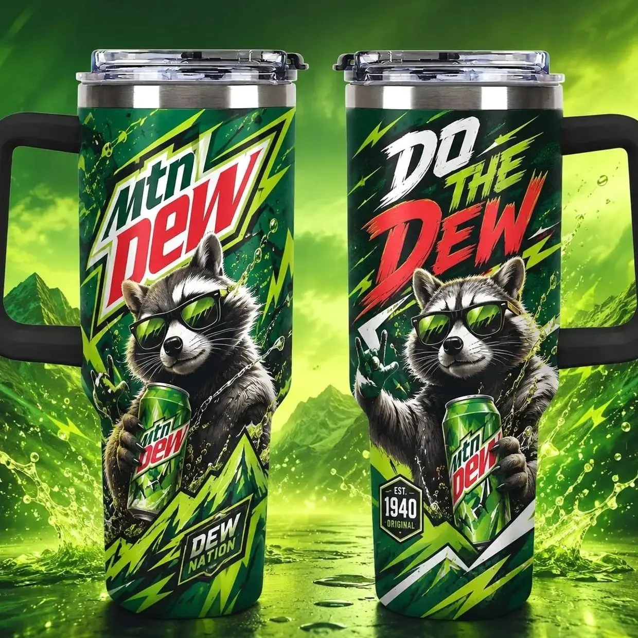 Mountain Dew Tumbler Raccoon Graphic Green Handle Mug Do The Dew Insulated Cup