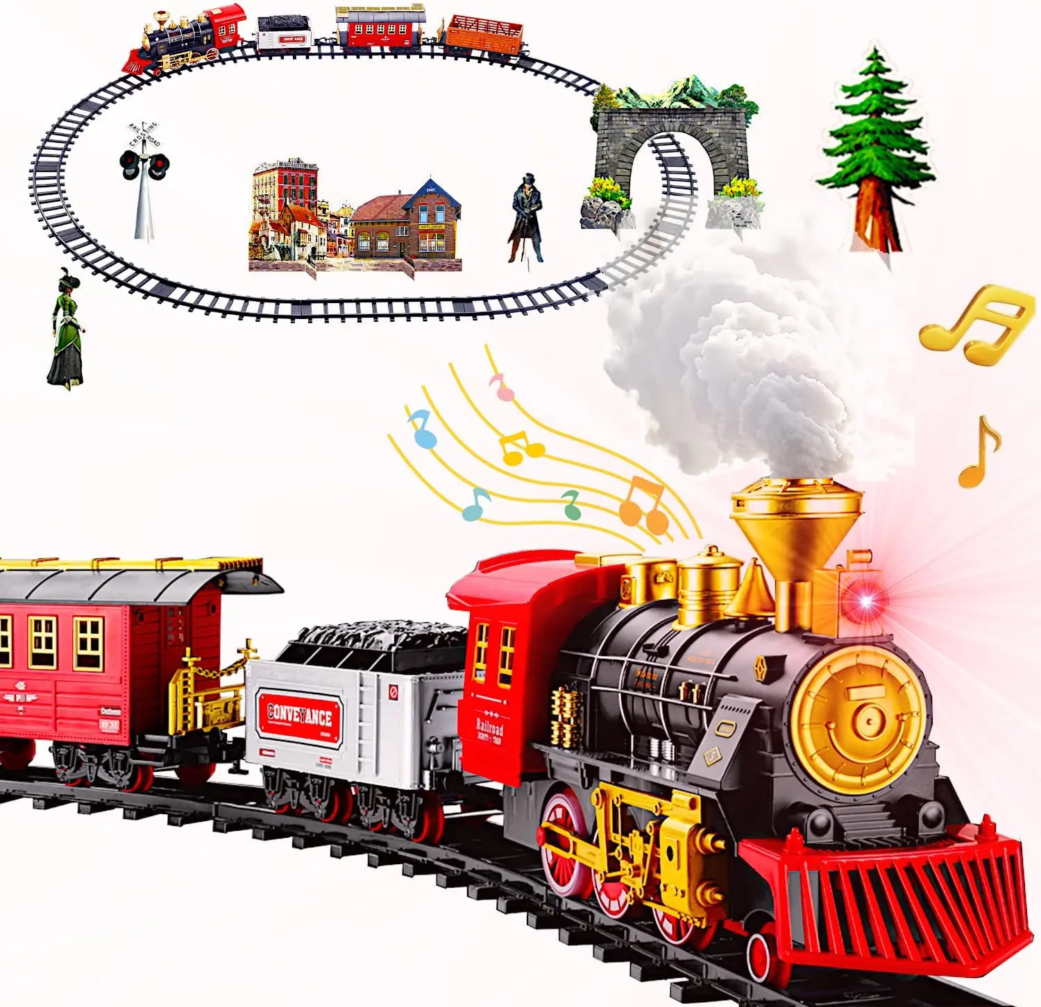 Large 1/32 Scale Retro Steam Train Set with Oval Track - Christmas Festive Decor, Electric Rail Toy with Sightseeing Locomotive, Tender, Passenger & Cargo Cars, Smoke, Sound, Bright Headlight, Kids Gift & Adult Classic Collection