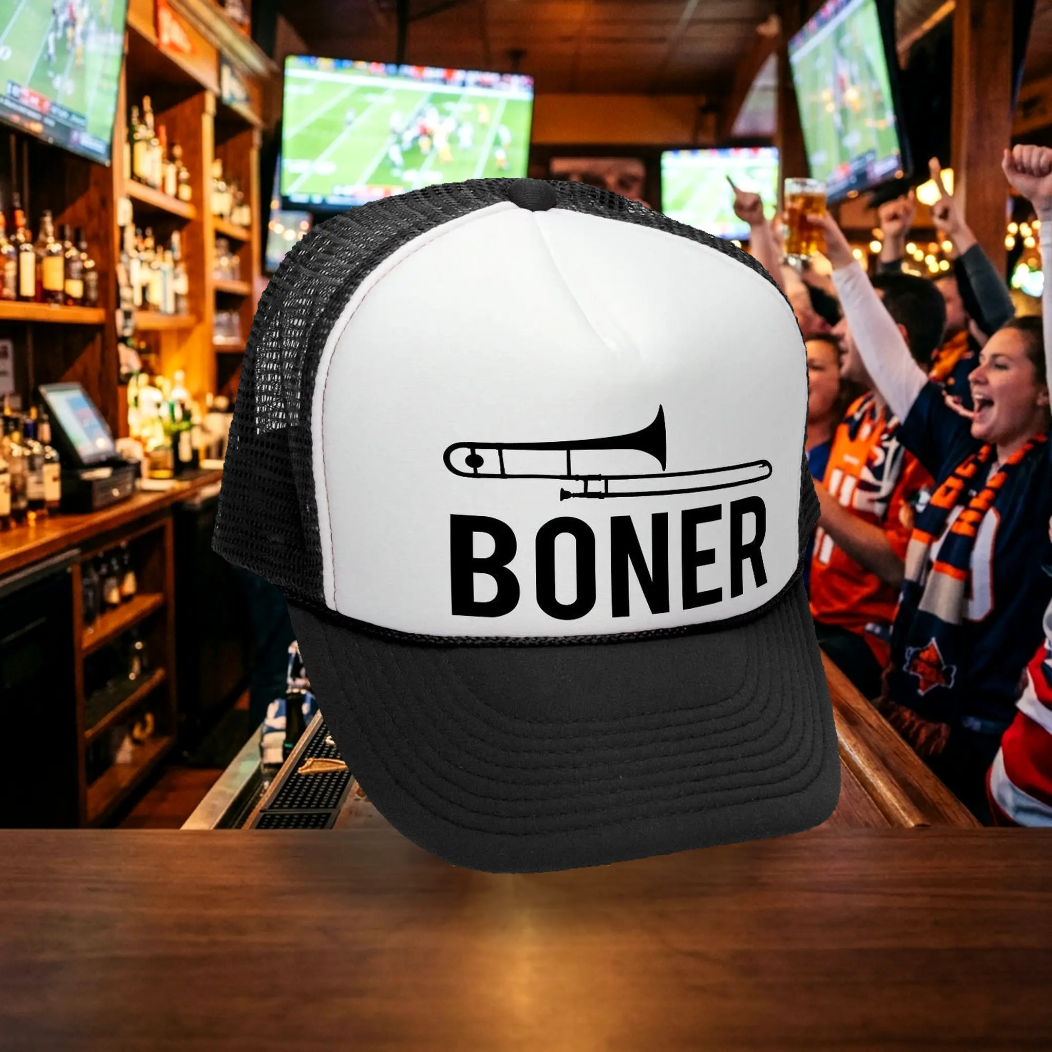 Boner Trucker Cap - 5-Panel Flat Bill Snap Back Mesh Hat
