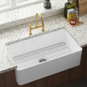 Elegant White Deep Single Basin Undermount Sink Premium Solid Fireclay Construction Comes With Practical Bottom Protection Grid And Drain Strainer Smooth Non Stick Surface Effortless Daily Cleaning For Modern Kitchen