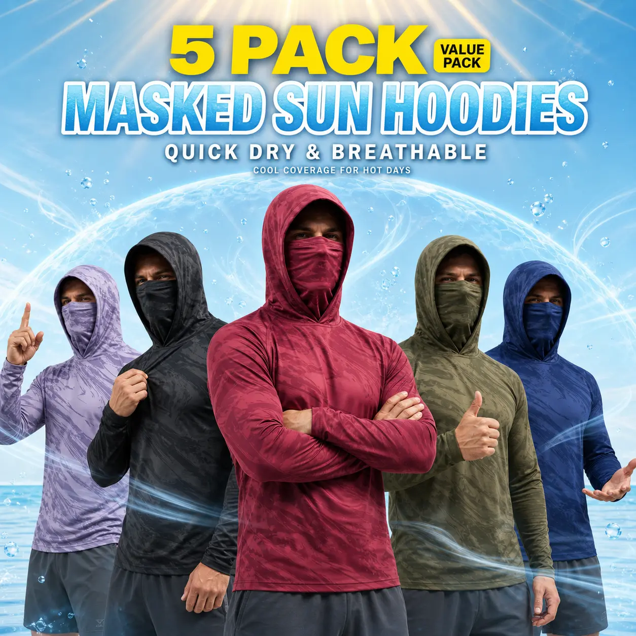 Men's 5-Piece Sun Protection Hoodie Pack - Polyester Clothes, All Season, Built-In Balaclava Mask, Camouflage Long Sleeve Tactical Hooded Rash Guard for Fishing, Hunting, Breathable Menswear Tops, Built-In Mask