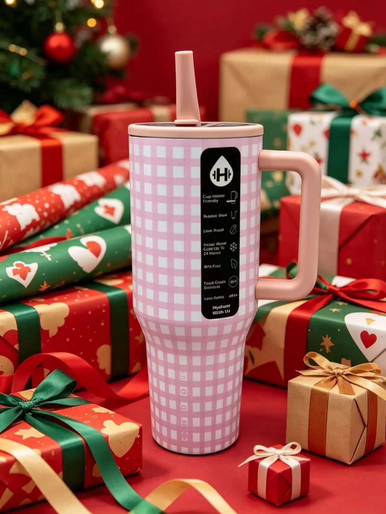 40oz HydroJug Pink Gingham Stainless Steel Tumbler with Handle, Leak-Proof Vacuum Insulated Travel Mug, Ideal for Christmas Holiday Gifts