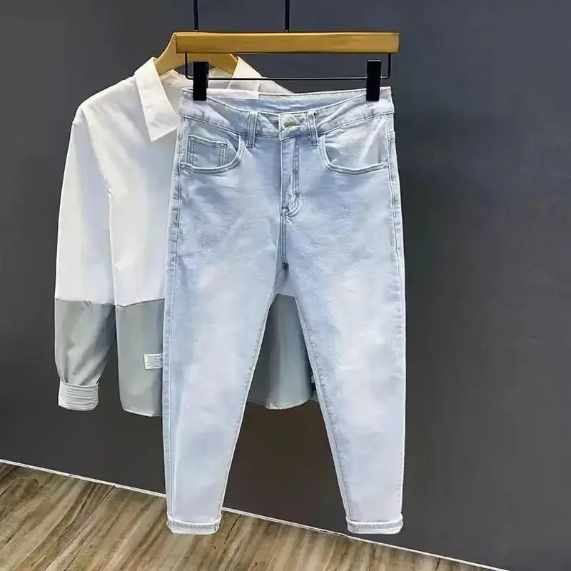 Retro Japanese Style Light Wash Men's Jeans Slim Fit Nine-Piece Elastic Cuffed Pants Trendy Casual Low Waist Denim
