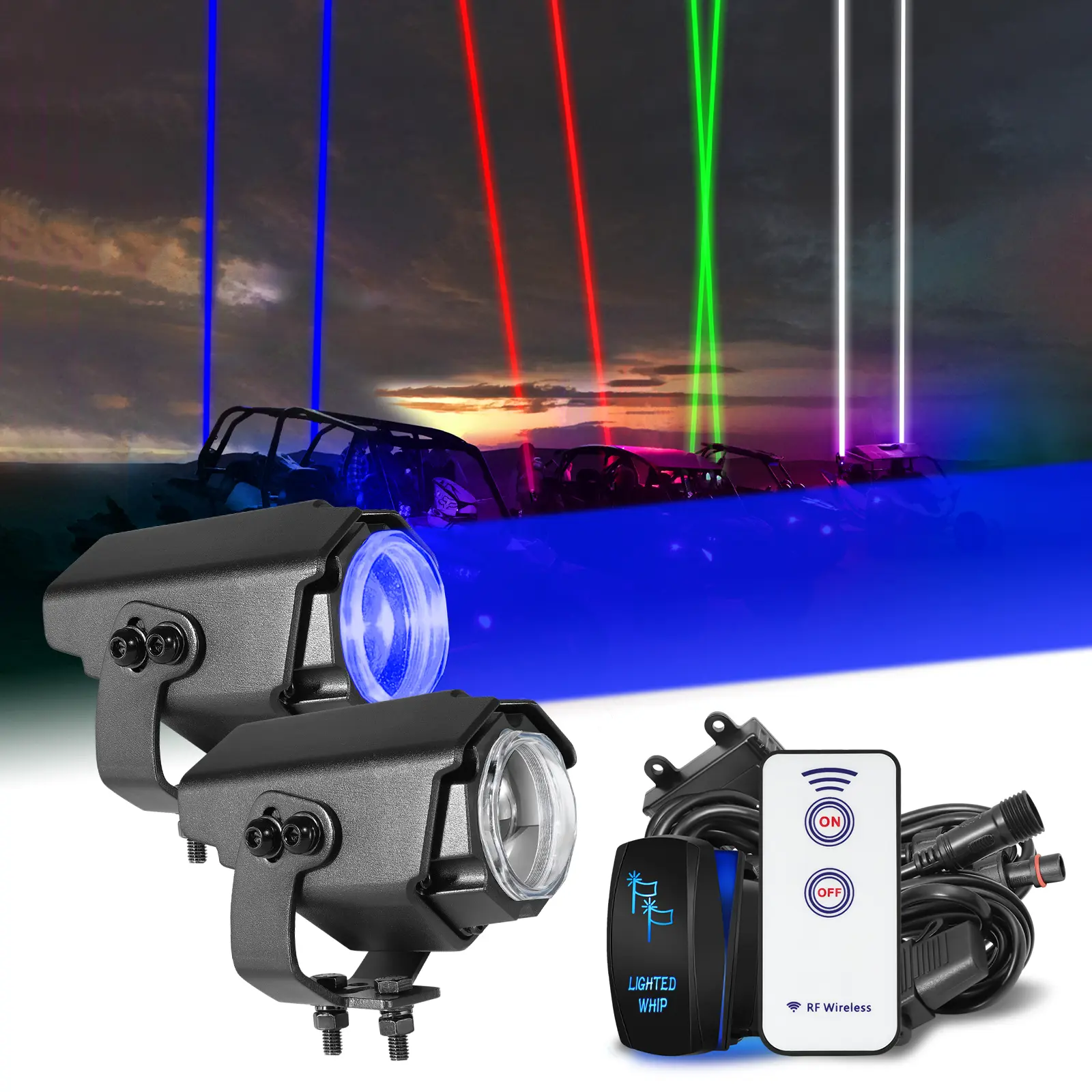 Laser Whip Lights with Switch & Remote Whipless Laser Pods RGB Chase Light Antenna LED Light Whips for SXS, UTV, ATV, RZR, Can Am, Dune Buggy, Truck, Boat - 2PCS Red Green Blue White