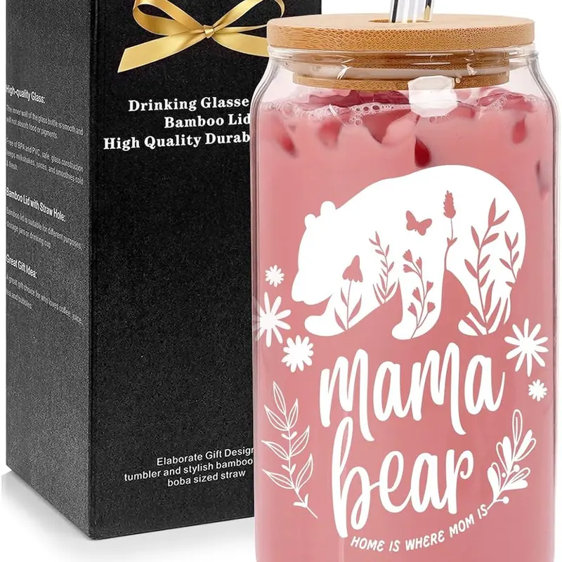 ANOTION Gift for Mom Mama Bear Mug - Borosilicate Glass Cup with Lid and Straw Birthday Gifts from Daughters Coffee Drinkware Tumbler