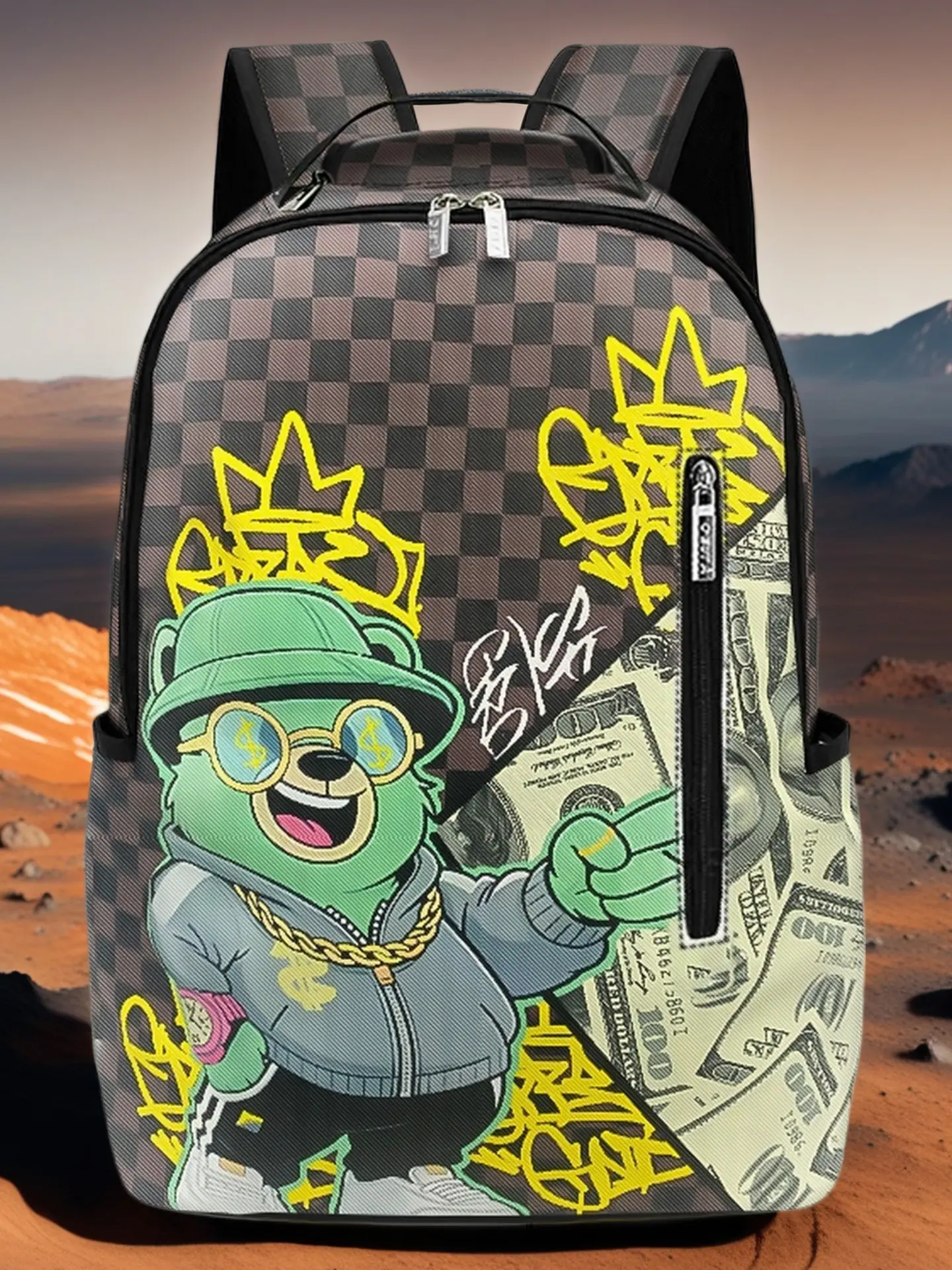 Hip Hop Green Bear Backpack Dollar Bill Graffiti Checkered Streetwear School Bag for Men Women Casual Printed Backpack Trendy Backpack Fashion Backpack
