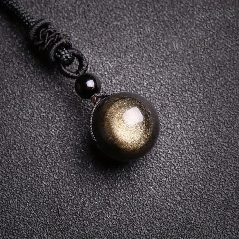 Natural Crystal Round Beads Pendant Gold Sheen Obsidian 16mm Beads Pendant Cord Women Men Adjustable Necklace, Healing Protection Necklace