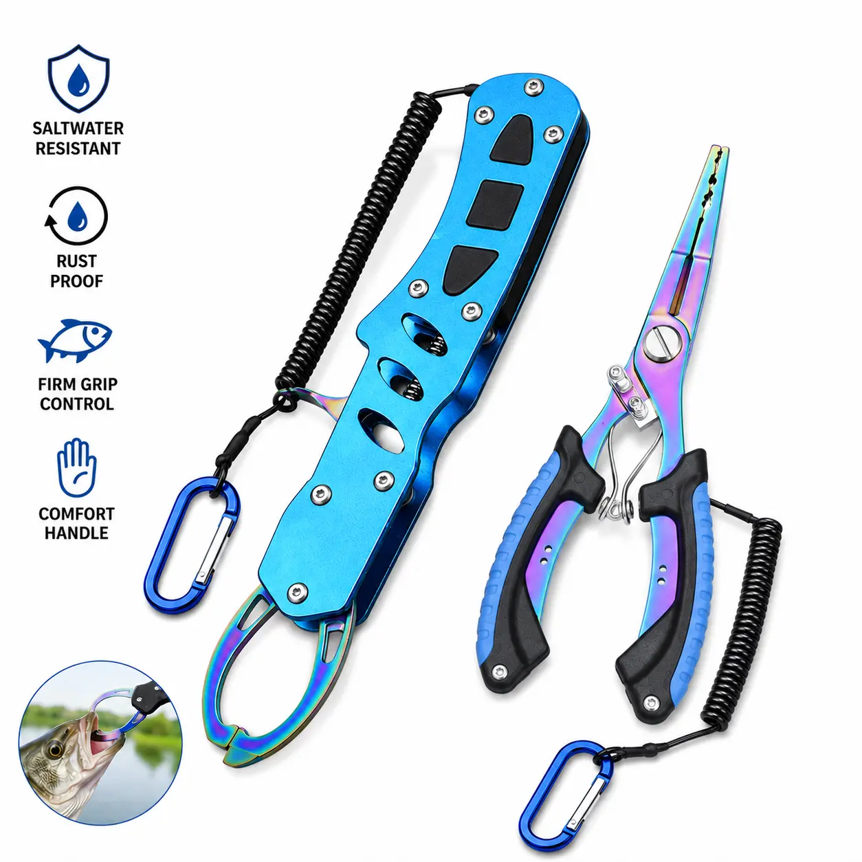 Fishing Lip Gripper & Multifunctional Fishing Pliers Set, Anti-Rust Titanium Coated Fish Control Tool Kit with Lanyard for Saltwater Freshwater Bass & Large Predator Fish gifts men