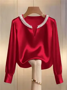 Women's Fashion Pearl V-Neck Solid Long Sleeve Simple Shirt, Elegant Casual Blouse for Daily Wear, Stylish Ladies' Top