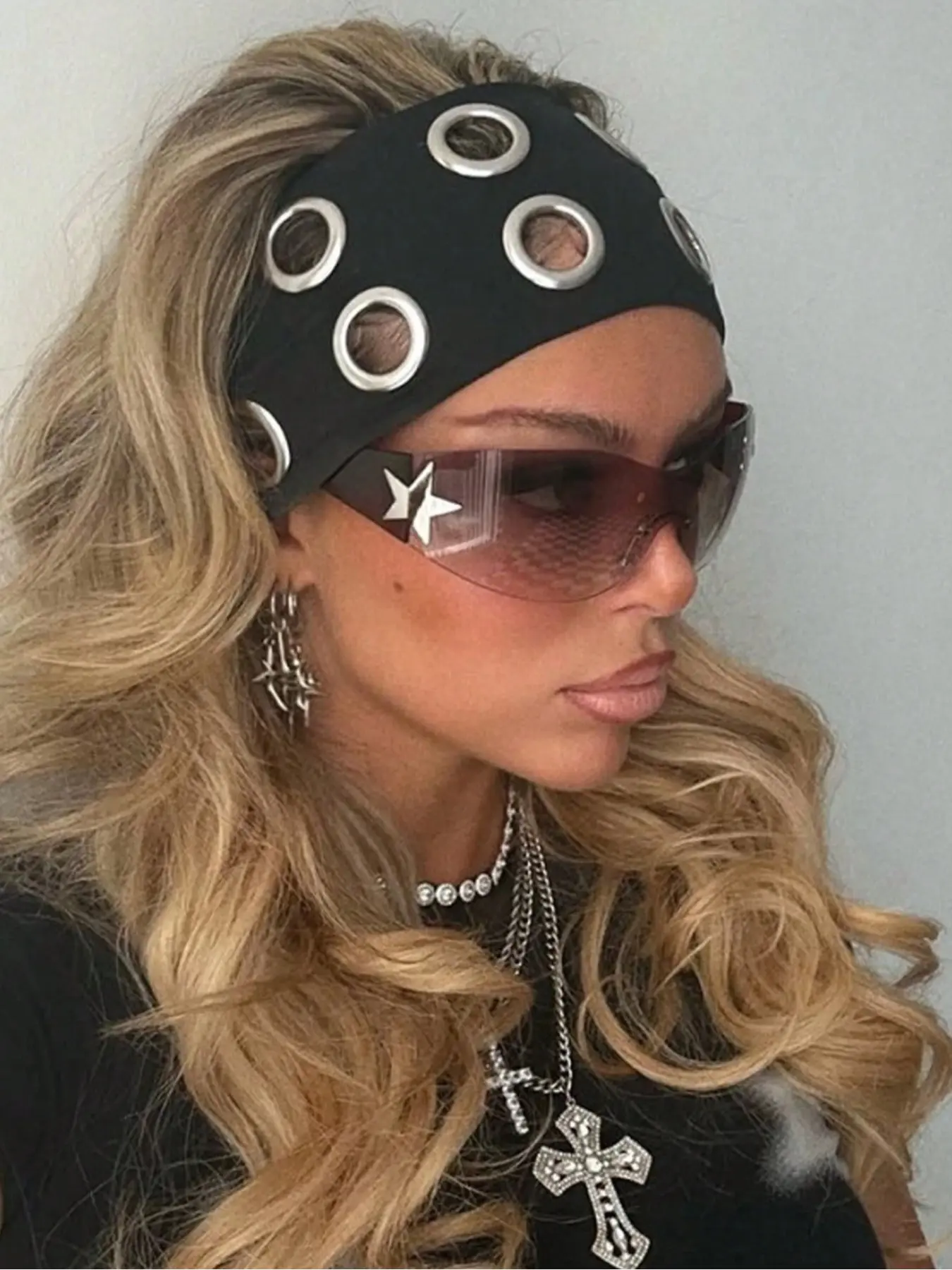 Punk Girl Hollowed Out Eyelets Wide Elastic Headband, Stretchy Metal Rock Steampunk, Sports Casual Headbands, Fall Women Bandana, Fashion Headband, Hairbands