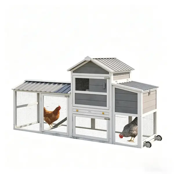 80in Pine Wood Mobile Chicken Coop - Portable Poultry House with Run, Nesting Box, Solid Frame, Wheels, Easy Cleaning for Chickens
