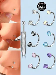 ASTM F136 G23 Titanium Alloy Horseshoe Nose Ring, Double Sparkling Cubic Zirconia Design, 8mm Threaded Lip Piercing Jewelry, Tragus Helix Lobe Cartilage Earrings Piercing Jewelry, with a Grabber Tool - Valentine's Gift for Women Men Daily & Party Wear