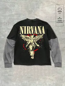 Men's Cotton Two-Piece Colorblock Sweatshirt, Nirvana Angel Graphic Print Design, Comfortable Loose Fit Casual Streetwear, Round Neck Long Sleeve Top