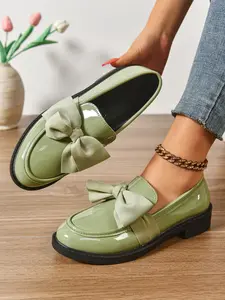 Shiny Velvet Bow Loafers, Thick Sole Design, Flat, Casual Daily Wear, College Style, Spring & Fall Fashion Shoes, PU Leather Upper