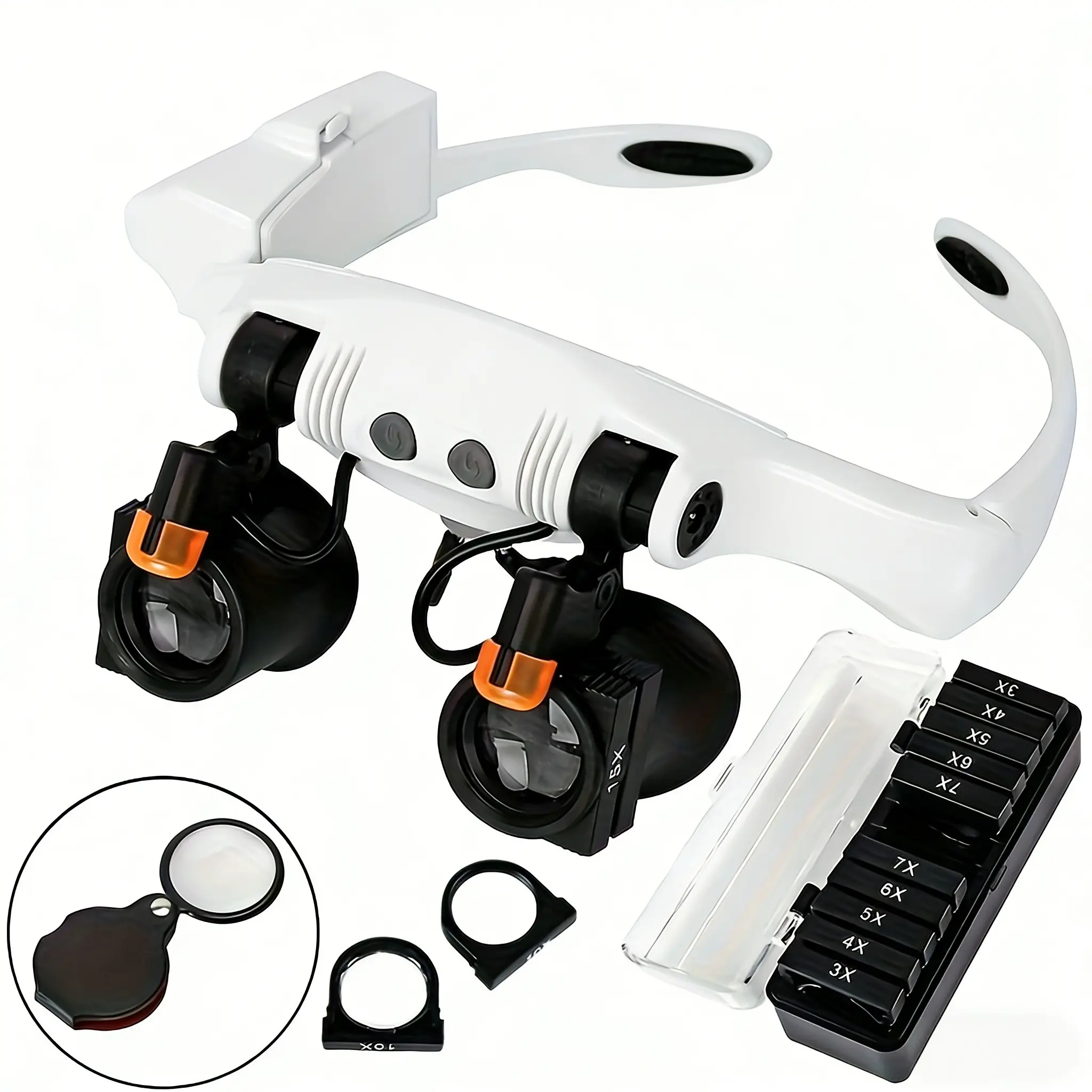 Head-Mounted LED Magnifying Glass Glasses, 3x-10x Interchangeable Lenses, Durable Frame, Compact Design, Hands-Free, Ideal for Watch Repair, Jewelry Making, Reading, Precision Work