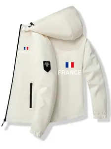 Men's Fashion Jacket with France Logo, Zipper Pocket, Casual Hooded Design, Polyester Material, Spring & Fall Wear, Fitted Style